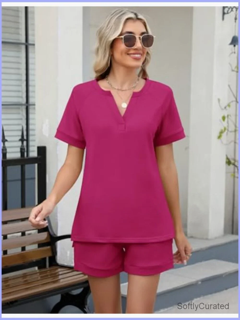 Two Piece Lounge Set Sweatsuit Shorts Summer Casual Matching Sets V Neck Tee
